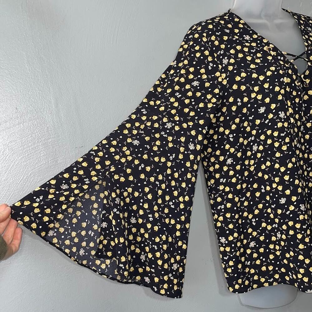 Bali Peasant Top Size M Navy Yellow Ditzy Floral Flowy Romantic Boho Prairie